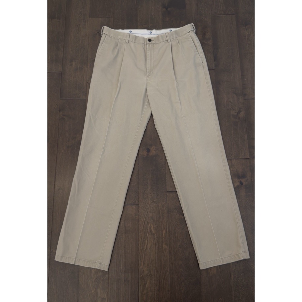 Haggar Pleated Cotton Dress Pants Men's Size 38X34 Tan Beige Expandable Waist